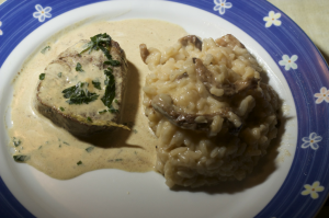 FilÃ© ao Molho de Mostarda acompanhado de Risoto de Funghi